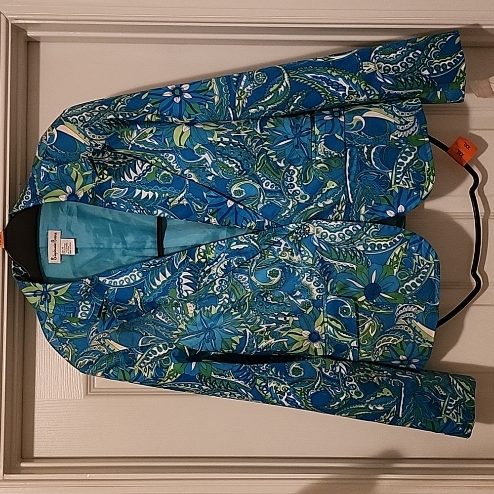Blazer by Stephanie Beare, size 14. Colors blue, green, and white.
